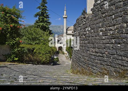 In primo piano, una robusta parete di mattoni si erge ferma, mentre sullo sfondo, un minareto alto ed elegante raggiunge il cielo, appartenente alla moschea di GJ Foto Stock