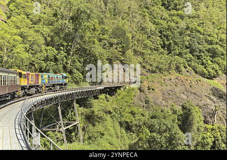 La ferrovia panoramica di Kuranda si snoda lungo i binari dalla stazione di Freshwater a Kuranda Foto Stock