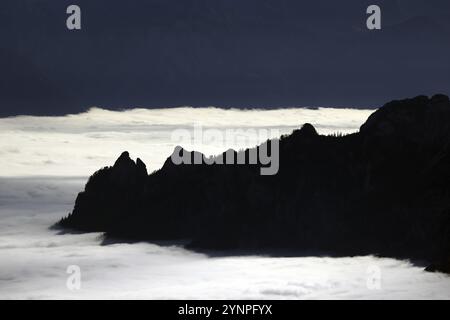 La strega addormentata in un letto di nuvole, sagoma delle torri Rotofen sopra una coperta chiusa di nebbia, Lattengebirge, Alpi Berchtesgaden, alta Baviera Foto Stock