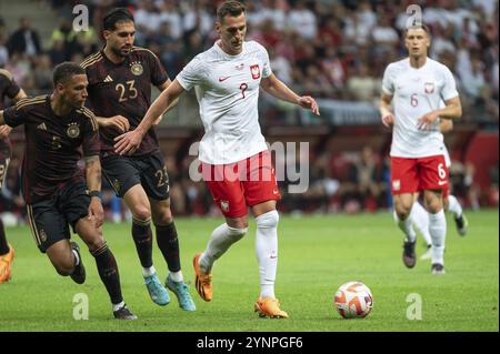 VARSAVIA, POLONIA - 16 GIUGNO 2023: Partita amichevole Polonia vs Germania 1:0. In azione Thilo Kehrer (5) Emre CAN (23) Arkadiusz Milik (7). Foto Stock