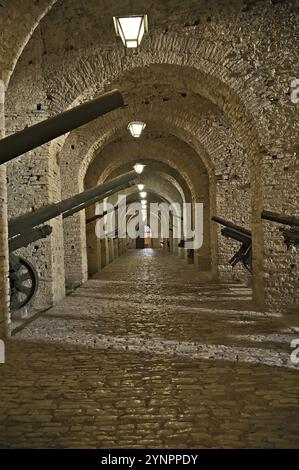 Foto dall'interno del castello di Gjirokastra nella sala con tutte le armi storiche Foto Stock