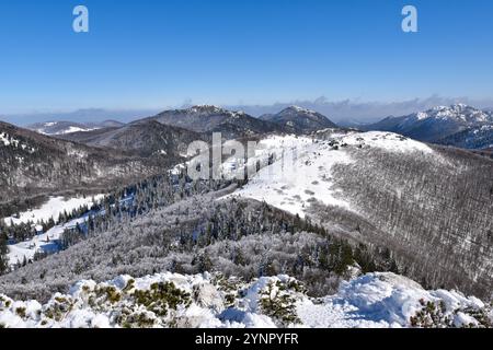 Paesaggio montano invernale a Velebit settentrionale. Vista dal picco Veliki Zavizan. Foto Stock