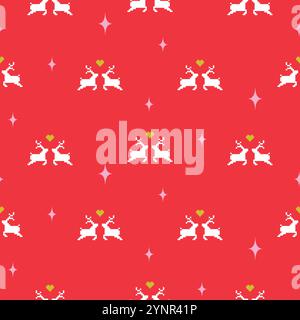 Design con motivo pigiama di cervo natalizio, sfondo Pixel Art senza cuciture. Coppia di renne in stile natalizio, Hearts Love, Holly star su sfondo rosso, con Illustrazione Vettoriale