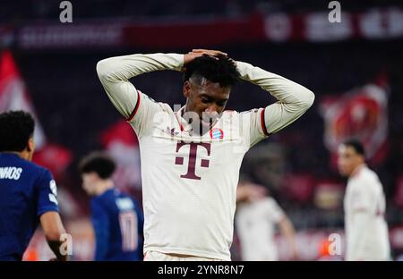 Allianz Areana, Monaco, Germania. 26 novembre 2024. Kingsley Coman del Bayern Monaco gesta durante una partita di Champions League 5, FC Bayern Monaco contro Paris Saint-Germain, all'Allianz Areana di Monaco, Germania. Ulrik Pedersen/CSM/Alamy Live News Foto Stock