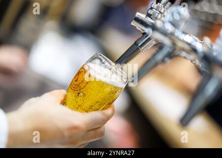 Norimberga, Germania. 26 novembre 2024. Un dipendente assaggia una birra allo stand della società finlandese Viking Malt alla fiera BrauBeviale dedicata alle bevande. Crediti: Daniel Karmann/dpa/Alamy Live News Foto Stock
