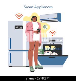 Concetto di casa intelligente. Donna che controlla elettrodomestici con uno smartphone. Integrazione perfetta per la vita moderna. Illustrazione vettoriale. Illustrazione Vettoriale