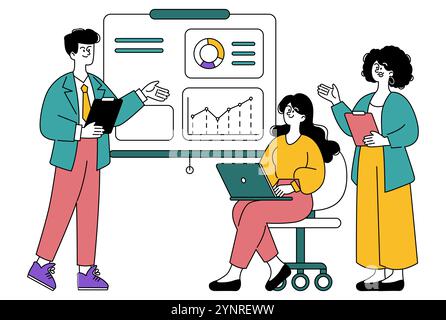Concetto di presentazione aziendale. Colleghi che collaborano ai dati finanziari con grafici, favorendo una dinamica di riunione del team. Illustrazione vettoriale. Illustrazione Vettoriale