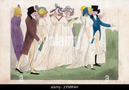 Una stampa a cartoni animati incisione colorata di rivista di moda femminile di Londra e Parigi nel 1798, incisione acquerello su carta dell'epoca georgiana del XVIII secolo creata da Richard Phillips antica arte d'epoca Foto Stock