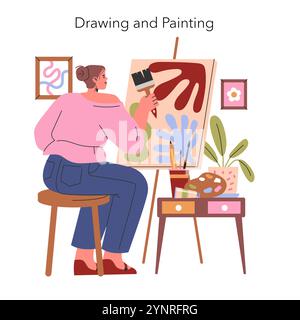 Concetto hobby a casa. La donna si impegna nella pittura, esprimendo creatività su una tela nel suo accogliente spazio artistico. Attività ricreative al coperto, ispirazione artistica. Illustrazione vettoriale. Illustrazione Vettoriale
