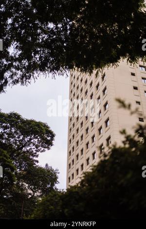 Edificio alto e moderno circondato da alberi verdi in una giornata nuvolosa Foto Stock