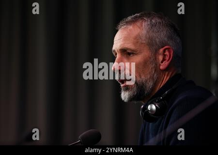 Mailand, Italia. 27 novembre 2024. Calcio: Champions League, Inter Milan - RB Lipsia, turno preliminare, partita 5, Stadio Giuseppe Meazza. L'allenatore di Lipsia Marco Rose siede alla conferenza stampa post-partita. Crediti: Jan Woitas/dpa/Alamy Live News Foto Stock