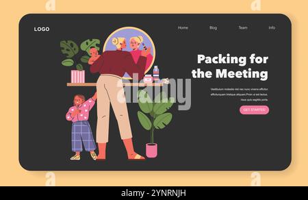 Il concetto di vita della mamma. Madre professionista che lavora in multitasking con i bambini mentre si prepara a una riunione. Equilibrio tra lavoro e assistenza all'infanzia a casa. Illustrazione vettoriale. Illustrazione Vettoriale