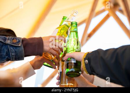 Uomo e donna che fanno un brindisi con birra in bottiglia in mano Foto Stock