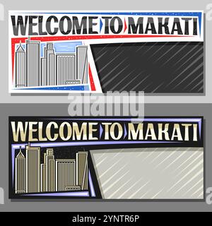 Layout vettoriali per Makati con spazio copia, biglietto decorativo con illustrazione in linea del paesaggio urbano di makati sullo sfondo del cielo diurno e notturno, ar Illustrazione Vettoriale