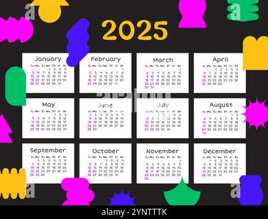 Modello 2025 di calendario vettoriale dalle forme brillanti e alla moda Illustrazione Vettoriale