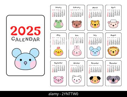 2025 carino modello di calendario animale. Pianificatore mensile per bambini. Illustrazione Vettoriale