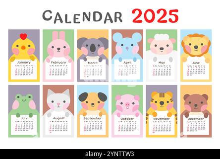 2025 carino modello di calendario animale. Pianificatore mensile per bambini. Illustrazione Vettoriale