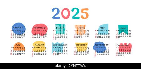 Modello 2025 di calendario vettoriale dalle forme brillanti e alla moda Illustrazione Vettoriale