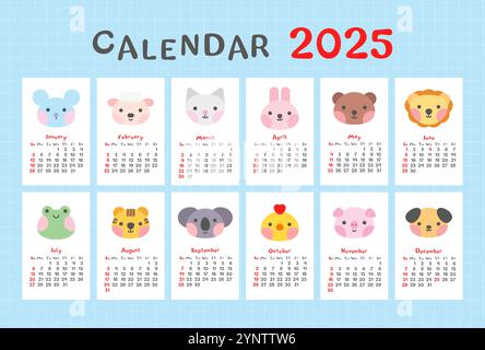 2025 carino modello di calendario animale. Pianificatore mensile per bambini. Illustrazione Vettoriale