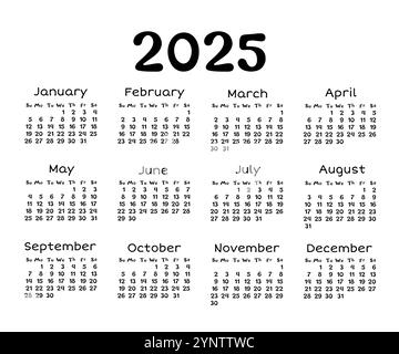 2025 modello di calendario minimo. Griglia calendario con font funky Illustrazione Vettoriale
