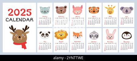 calendario 2025 con animali carini. Calendario di pianificazione annuale con tutti i mesi. Illustrazione Vettoriale