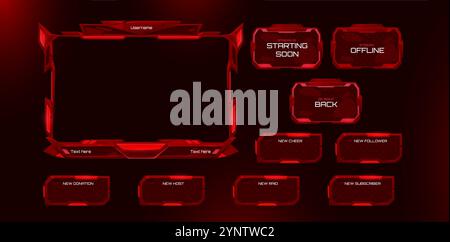 I bordi dell'interfaccia utente del flusso di gioco sono impostati su sfondo nero. Illustrazione vettoriale realistica di cornici rosse per la piattaforma di streaming, pulsanti online e offline, raccolta di elementi di progettazione dell'interfaccia utente Illustrazione Vettoriale