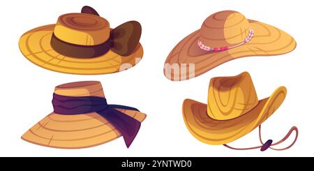 Set cartoni animati di copricapo in paglia - tradizionale cappello contadino con fascia marrone, design western cowboy, elegante modello a teglia larga con nastro viola, rustico cappello ranch con decorazioni con perline rosa per lavori all'aperto Illustrazione Vettoriale