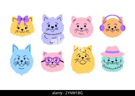 Collezione di volti di gatto in stile doodle Illustrazione Vettoriale