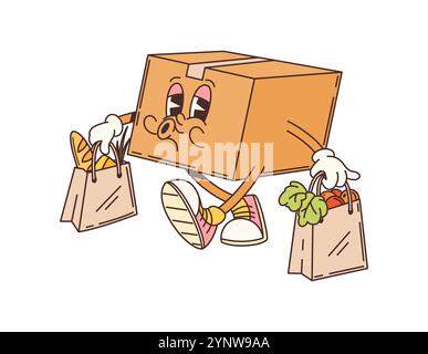 Il personaggio dei cartoni animati della scatola di cartone è felice di trasportare borse della spesa, mostrando un'atmosfera amichevole e funky. Pacchetto vettoriale isolato divertente, con un personaggio retrò che suggerisce un'esperienza di shopping divertente Illustrazione Vettoriale