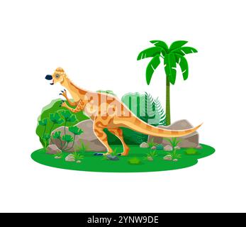 Pachycephalosaurus personaggio di dinosauro preistorico. Genere isolato di vettori di cartoni animati di dinos ornitischiani. Animale erbivoro del tardo cretaceo in una lussureggiante foresta verde con palme e piante Illustrazione Vettoriale