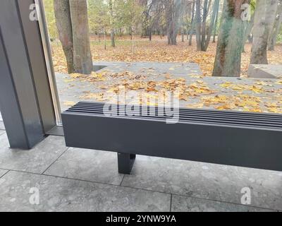 Un'elegante unità di riscaldamento accanto a una parete di vetro, con un tranquillo parco sullo sfondo con fogliame autunnale. Un equilibrio tra funzionalità moderne e. Foto Stock