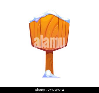 Cartellone con cartoni animati ricoperto di neve in inverno. Striscione natalizio in legno ricoperto di neve, cartello vettoriale isolato vuoto o guida. Indicatore di direzione rustico o tavola per le vacanze di Capodanno Illustrazione Vettoriale