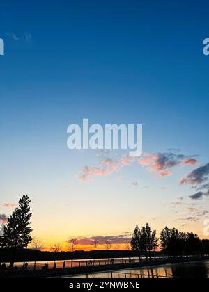 Un tranquillo tramonto su un lago calmo con alberi sagomati e un cielo vibrante. L'atmosfera tranquilla e i colori vivaci creano un ambiente rilassante e pittoresco Foto Stock