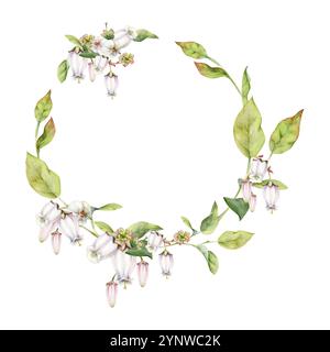 Fiore di campana rosa e mirtillo con foglie verdi sui rami, disegnato a mano in acquerello, illustrazione botanica di fiori selvatici. Corona isolata Foto Stock