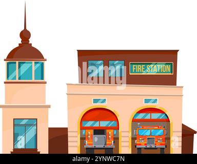 Una stazione dei vigili del fuoco con due camion parcheggiati davanti Illustrazione Vettoriale