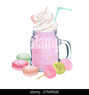 Tazza di vetro con latte Sakura rosa, panna montata. Dango e macaroon. Illustrazione ad acquerello disegnata a mano. Foto Stock