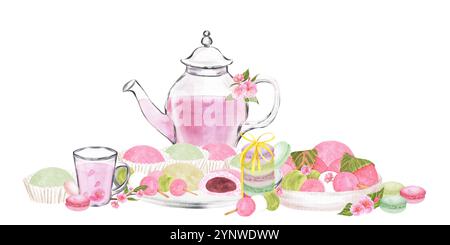 Una composizione con teiera di vetro e una tazza, mochi, dango, dessert di macaron. Sakura clipart. Illustrazione ad acquerello disegnata a mano. Foto Stock