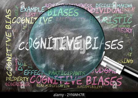 I pregiudizi cognitivi vengono studiati, esaminati - sotto stretta ispezione. Argomenti e idee più importanti strettamente correlati ai pregiudizi cognitivi. Foto Stock