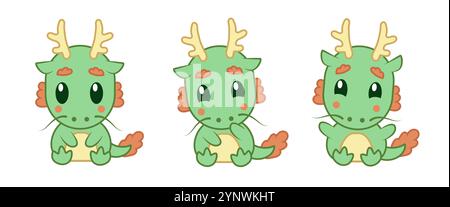 Carino set di icone verdi del drago cinese Illustrazione Vettoriale