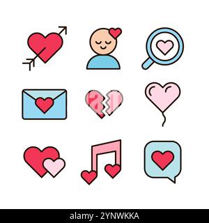 Set di icone colorate e simpatiche legate all'amore Illustrazione Vettoriale