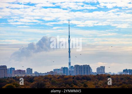 cielo nuvoloso blu, uccelli sopra la città e parco nella fredda mattina d'autunno Foto Stock