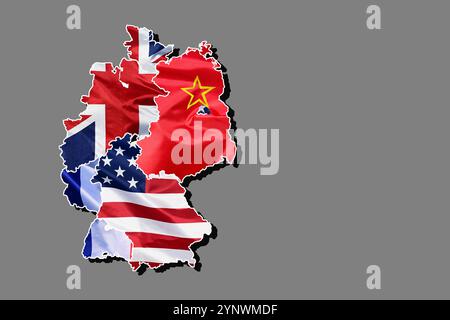 Mappa delineata della Germania, compilata con le bandiere nazionali delle zone di occupazione dopo la seconda guerra mondiale Foto Stock