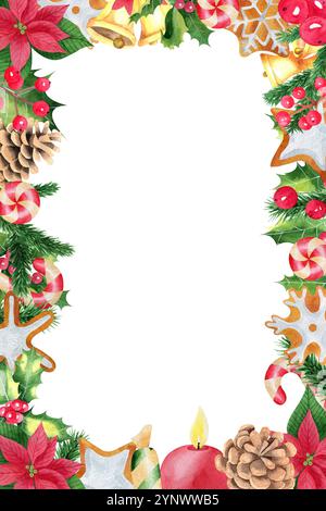 Cornice natalizia Acquerello illustrazione disegnata a mano con agrifoglio, biscotto di pan di zenzero, rami di pino, bacche rosse, campane dorate, candela, canna da zucchero Foto Stock