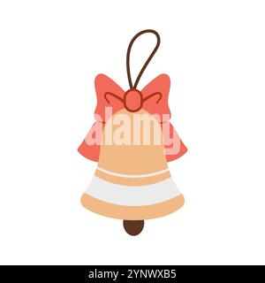 Giocattolo per l'albero di Natale a forma di campana. Una campana con il giocattolo dell'albero di Natale ad arco. Illustrazione vettoriale disegnata a mano. Design piatto. stile cartoni animati Illustrazione Vettoriale