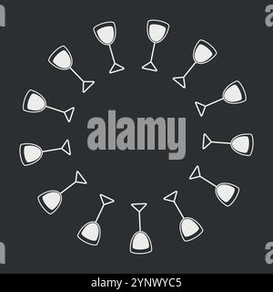 Occhiali da vista con bordo circolare minimalista e alla moda su sfondo scuro. Copia idea modello spazio. Illustrazione di vettore isolato post tematico, blog, opuscolo, banner, prezzo, promozione sull'etichetta o sul web Illustrazione Vettoriale