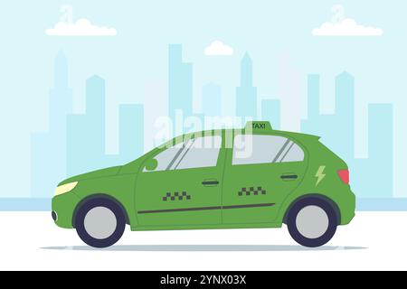 Taxi elettrico per passeggeri verde sulla strada della città in stile piatto. Concetto di transizione verso l'energia verde. Illustrazione vettoriale Illustrazione Vettoriale