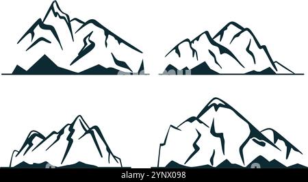 Serie di montagne con silhouette a inchiostro. Cime rocciose di montagna disegnate a mano. Immagine nera di picchi di montagna, clip art. Grafica vettoriale Illustrazione Vettoriale