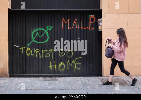 Valencia, nel centro storico di Valencia, lo slogan Tourist Go home è scritto su un cancello. Foto Stock