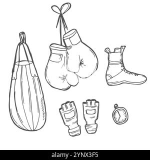 Set di icone per la boxe a canna disegnate a mano illustrazione vettoriale icone per lo sport elementi per la boxe, uniforme da boxe, guanti, scarpe, casco Illustrazione Vettoriale