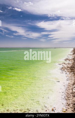 Primo piano sull'acqua verde brillante del lago Qarhan vicino a Golmud, Qinghai, Cina, immagine di sfondo con spazio per copiare il testo Foto Stock